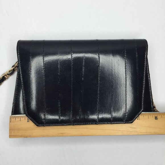 Vintage Genuine Eel Skin Leather Black Evening Purse Handbag Mirror Chain Strap - Picture 12 of 14